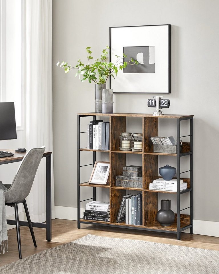 VASAGLE Bücherregal für Wohnzimmer, Schlafzimmer, Arbeitszimmer, Küche, Regal mit 3 Ebenen, Standregal mit 9 Fächern, 33 x 100 x 103.1 cm