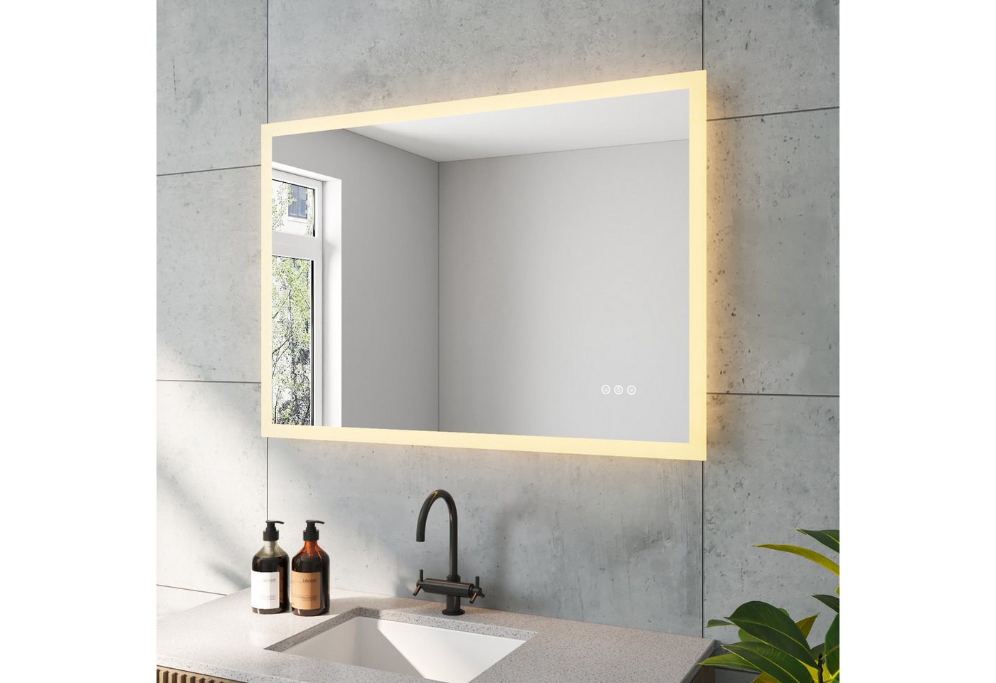 AQUALAVOS Badspiegel LED Badezimmerspiegel 100x70 cm Beschlagfrei Lichtspiegel Wandspiegel, 100x70 cm, 2 Lichtfarben Dimmbar, Memory-Funktion, Touch /Wandschalter Bild 2