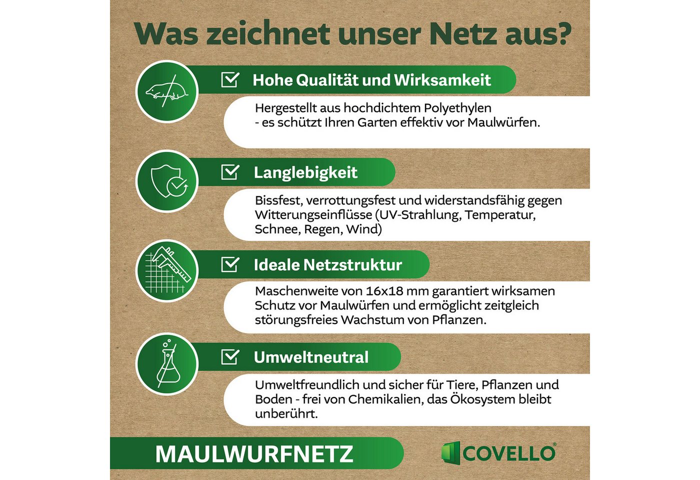 Covello Maulwurfgitter Maulwurfnetz Classic Line 25g/m² Maulwurfschutz Laubschutznetz, 5000x150x0,02 cm, 50m x 1,5m = 75m², Teichnetz Gartennetz Vogelschutznetz Wühlmausschutz Maulwurfsperre, verschiedene Längen und Breiten wählbar Bild 3