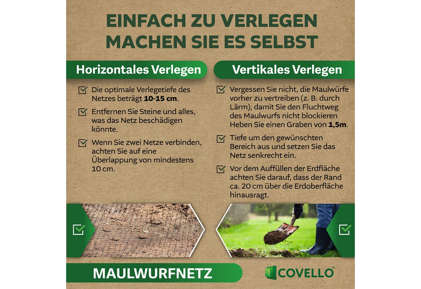 Covello Maulwurfgitter Maulwurfnetz Classic Line 25g/m² Maulwurfschutz Laubschutznetz, 5000x150x0,02 cm, 50m x 1,5m = 75m², Teichnetz Gartennetz Vogelschutznetz Wühlmausschutz Maulwurfsperre, verschiedene Längen und Breiten wählbar Bild 4