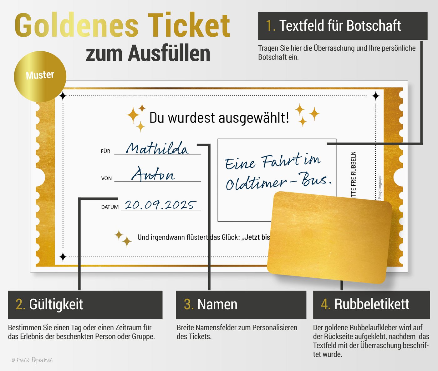 Frank Paperman Geschenkkarte Set Goldenes Ticket Gutschein mit Umschlag & Rubbelaufkleber, 100 % Recyclingpapier, hochwertige Rubbelkarten zum selber beschriften