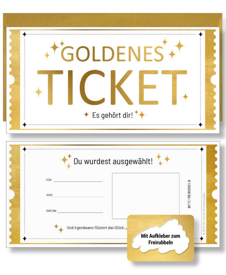 Frank Paperman Geschenkkarte Set Goldenes Ticket Gutschein mit Umschlag & Rubbelaufkleber, 100 % Recyclingpapier, hochwertige Rubbelkarten zum selber beschriften Bild 3