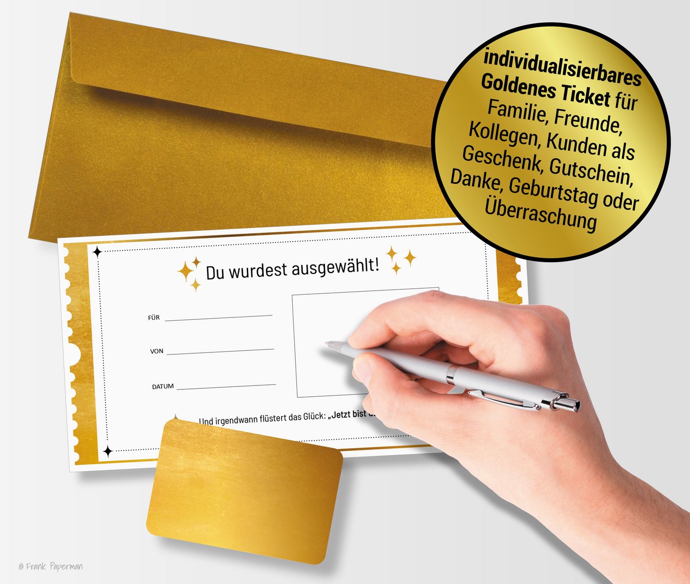 Frank Paperman Geschenkkarte Set Goldenes Ticket Gutschein mit Umschlag & Rubbelaufkleber, 100 % Recyclingpapier, hochwertige Rubbelkarten zum selber beschriften Bild 4