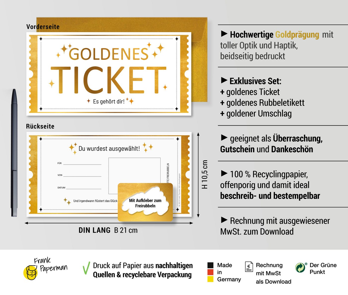 Frank Paperman Geschenkkarte Set Goldenes Ticket Gutschein mit Umschlag & Rubbelaufkleber, 100 % Recyclingpapier, hochwertige Rubbelkarten zum selber beschriften Bild 5