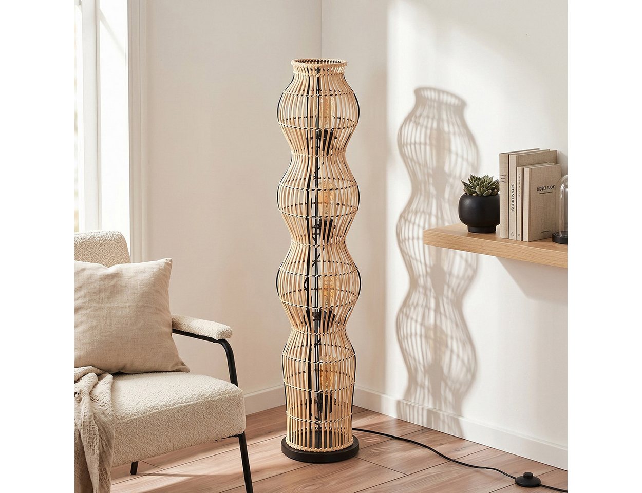 hofstein Stehlampe Stehlampe im skandinavischen Design mit Schirm aus Bambus in Natur, ohne Leuchtmittel, Stehleuchte im Boho-Style mit Lichteffekt und Fußschalter, E27, 110 cm Bild 2