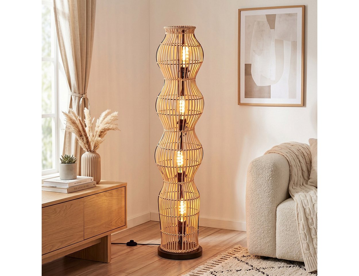 hofstein Stehlampe Stehlampe im skandinavischen Design mit Schirm aus Bambus in Natur, ohne Leuchtmittel, Stehleuchte im Boho-Style mit Lichteffekt und Fußschalter, E27, 110 cm Bild 3