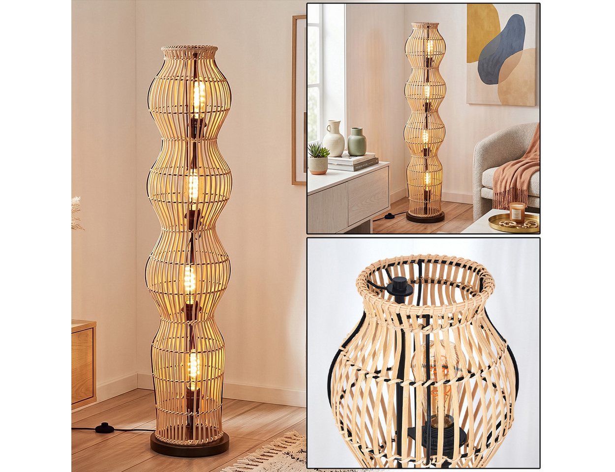 hofstein Stehlampe Stehlampe im skandinavischen Design mit Schirm aus Bambus in Natur, ohne Leuchtmittel, Stehleuchte im Boho-Style mit Lichteffekt und Fußschalter, E27, 110 cm Bild 4