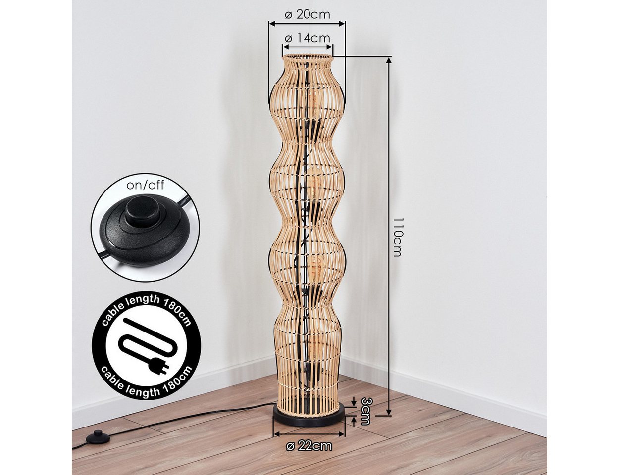 hofstein Stehlampe Stehlampe im skandinavischen Design mit Schirm aus Bambus in Natur, ohne Leuchtmittel, Stehleuchte im Boho-Style mit Lichteffekt und Fußschalter, E27, 110 cm Bild 5