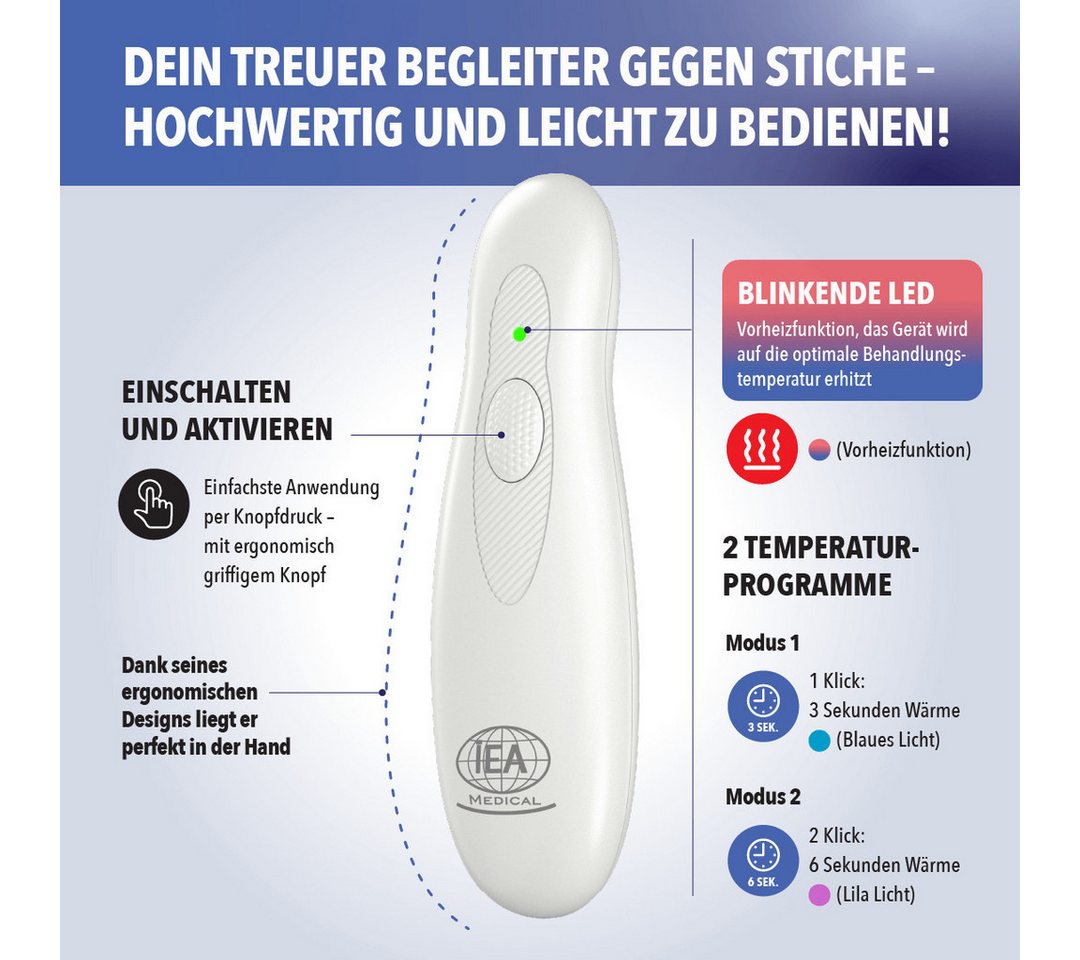 IEA Medical Insektenstichheiler CH3000A Bundle inkl. Schutztasche - Medizinprodukt, batteriebetrieben, Bundle, Stichheiler und Tasche, Wärmeanwendung, ohne Chemie & Cremes, kompakt für Reise und Alltag Bild 3