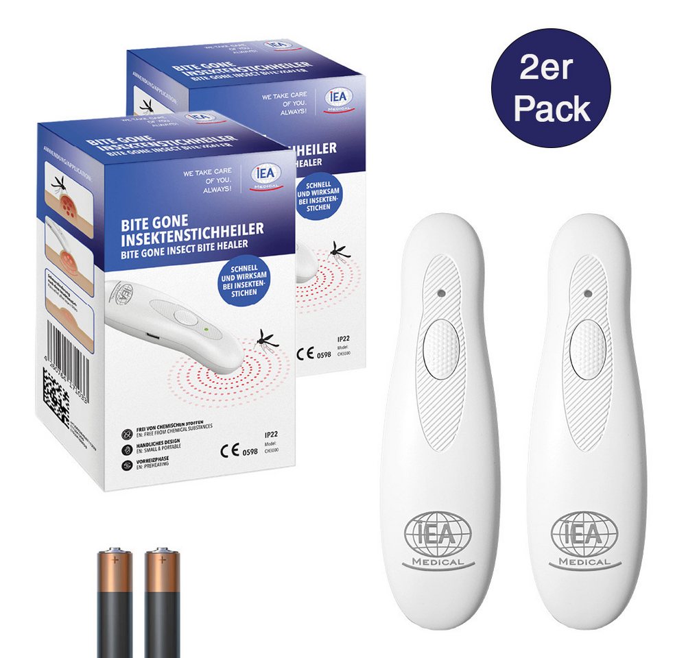 IEA Medical Insektenstichheiler 2er Set Elektrischer Stichheiler Batterie, 2 Modi, kompakt, 2er Set, Wärmeanwendung, ohne Chemie & Cremes, kompakt für Reise und Alltag