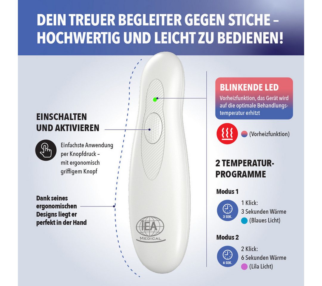 IEA Medical Insektenstichheiler CH3000B Bundle inkl. Schutztasche - Medizinprodukt, wiederaufladbar, Set - Stichheiler und Tasche, Wärmeanwendung, bis zu 200 Anwendungen pro Ladung, ohne Chemie Bild 2