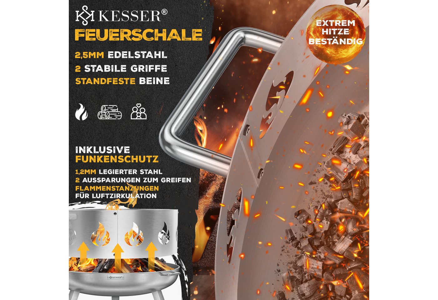 KESSER Feuerschale Feuertonne mit 2,5mm Stahldicke Feuerstelle, (Feuerkorb inklusive Funkenschutz, Feuerhaken + Wasserablauf), Feuerstelle massives Gusseisen 2 stabile Griffe