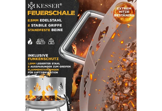KESSER Feuerschale Feuertonne mit 2,5mm Stahldicke Feuerstelle, (Feuerkorb inklusive Funkenschutz, Feuerhaken + Wasserablauf), Feuerstelle massives Gusseisen 2 stabile Griffe