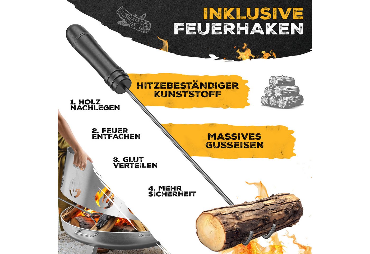 KESSER Feuerschale Feuertonne mit 2,5mm Stahldicke Feuerstelle, (Feuerkorb inklusive Funkenschutz, Feuerhaken + Wasserablauf), Feuerstelle massives Gusseisen 2 stabile Griffe Bild 2