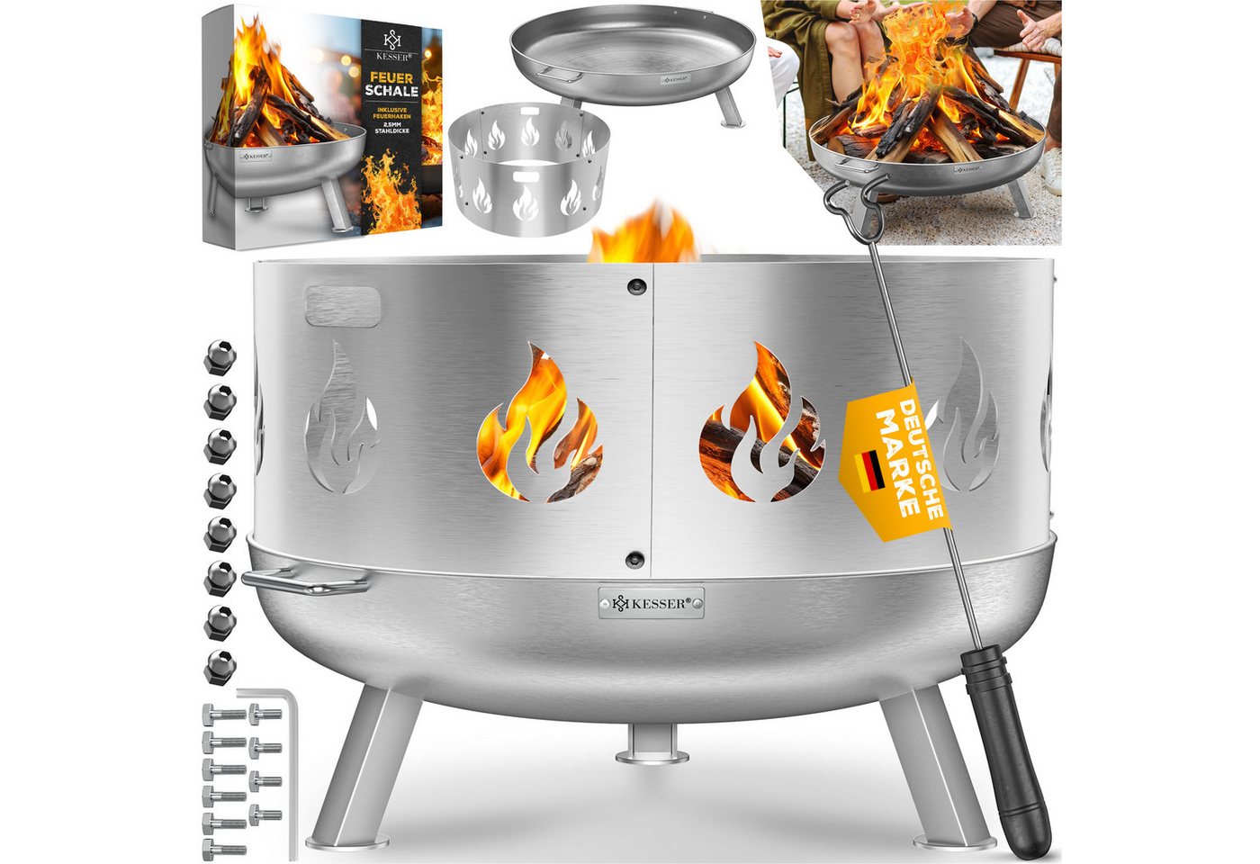 KESSER Feuerschale Feuertonne mit 2,5mm Stahldicke Feuerstelle, (Feuerkorb inklusive Funkenschutz, Feuerhaken + Wasserablauf), Feuerstelle massives Gusseisen 2 stabile Griffe Bild 3