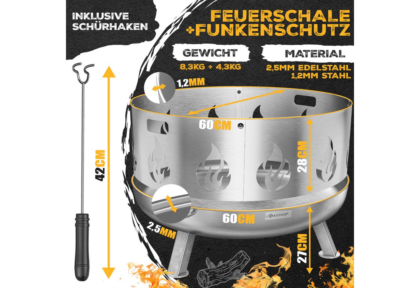 KESSER Feuerschale Feuertonne mit 2,5mm Stahldicke Feuerstelle, (Feuerkorb inklusive Funkenschutz, Feuerhaken + Wasserablauf), Feuerstelle massives Gusseisen 2 stabile Griffe Bild 4
