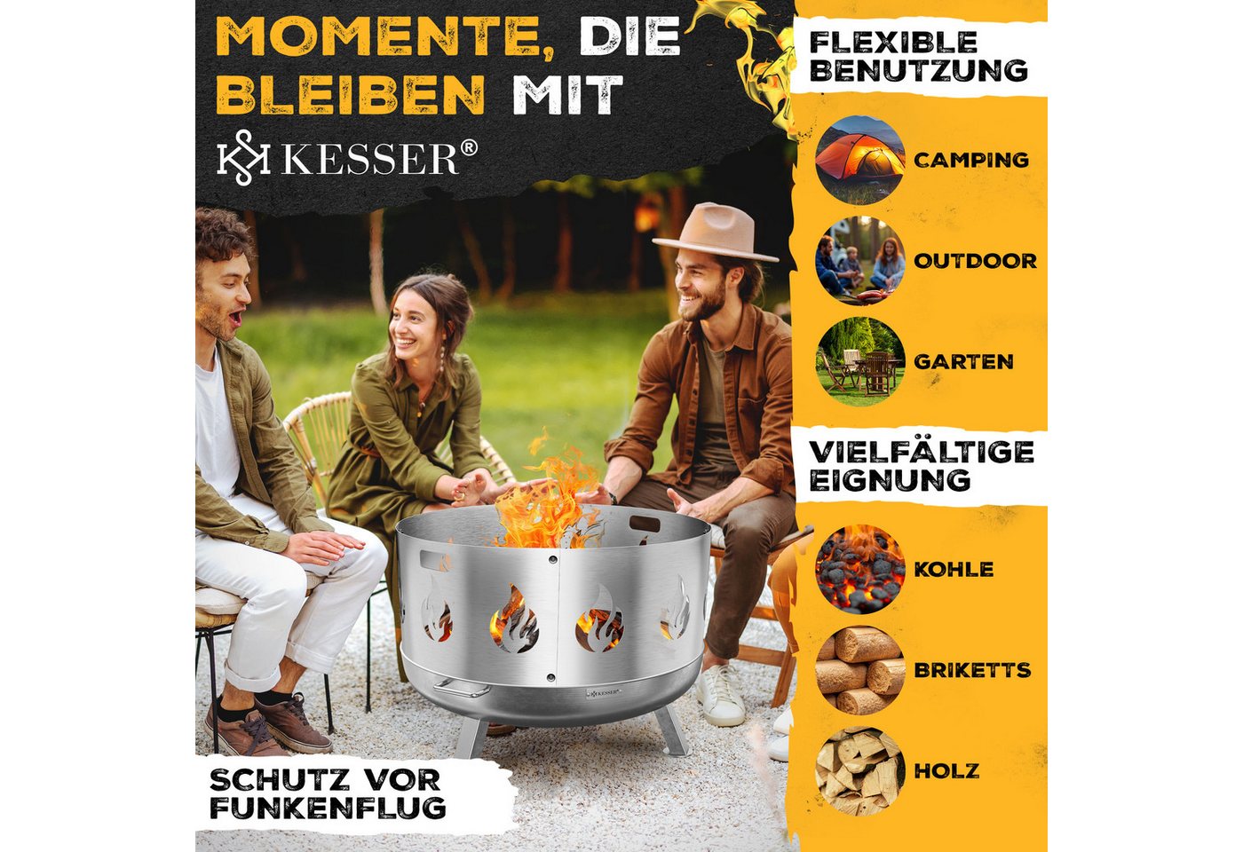 KESSER Feuerschale Feuertonne mit 2,5mm Stahldicke Feuerstelle, (Feuerkorb inklusive Funkenschutz, Feuerhaken + Wasserablauf), Feuerstelle massives Gusseisen 2 stabile Griffe Bild 5
