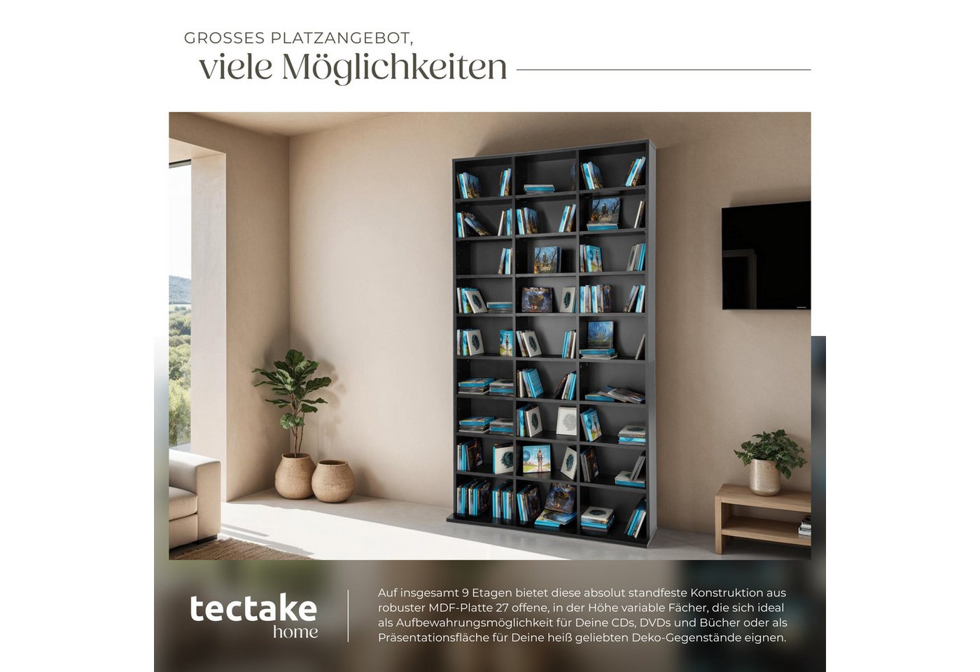tectake CD-Regal Regal Christel mit 27 Fächern für Medien, dvd regal Christel 1-tlg., Stauraum für bis zu 1080 CDs Bild 3