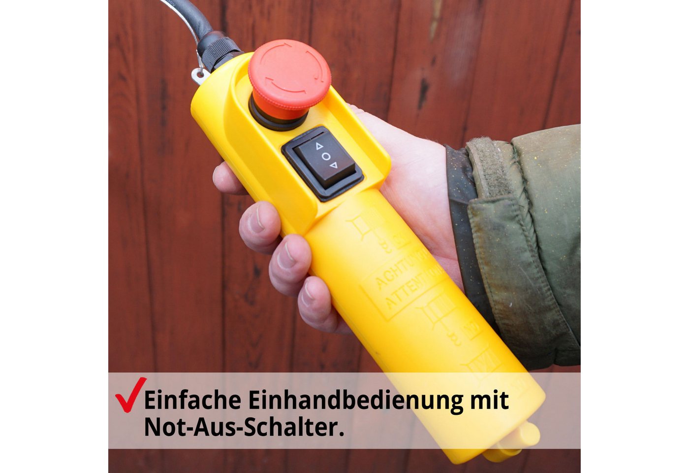 Hecht Seilwinde 125-250 kg Zugkraft, 450W, 3 mm Stahlseil, 4-8 m/min, 6-12m Hubhöhe, Not-Aus-Schalter, 1,5m Steuerkabel