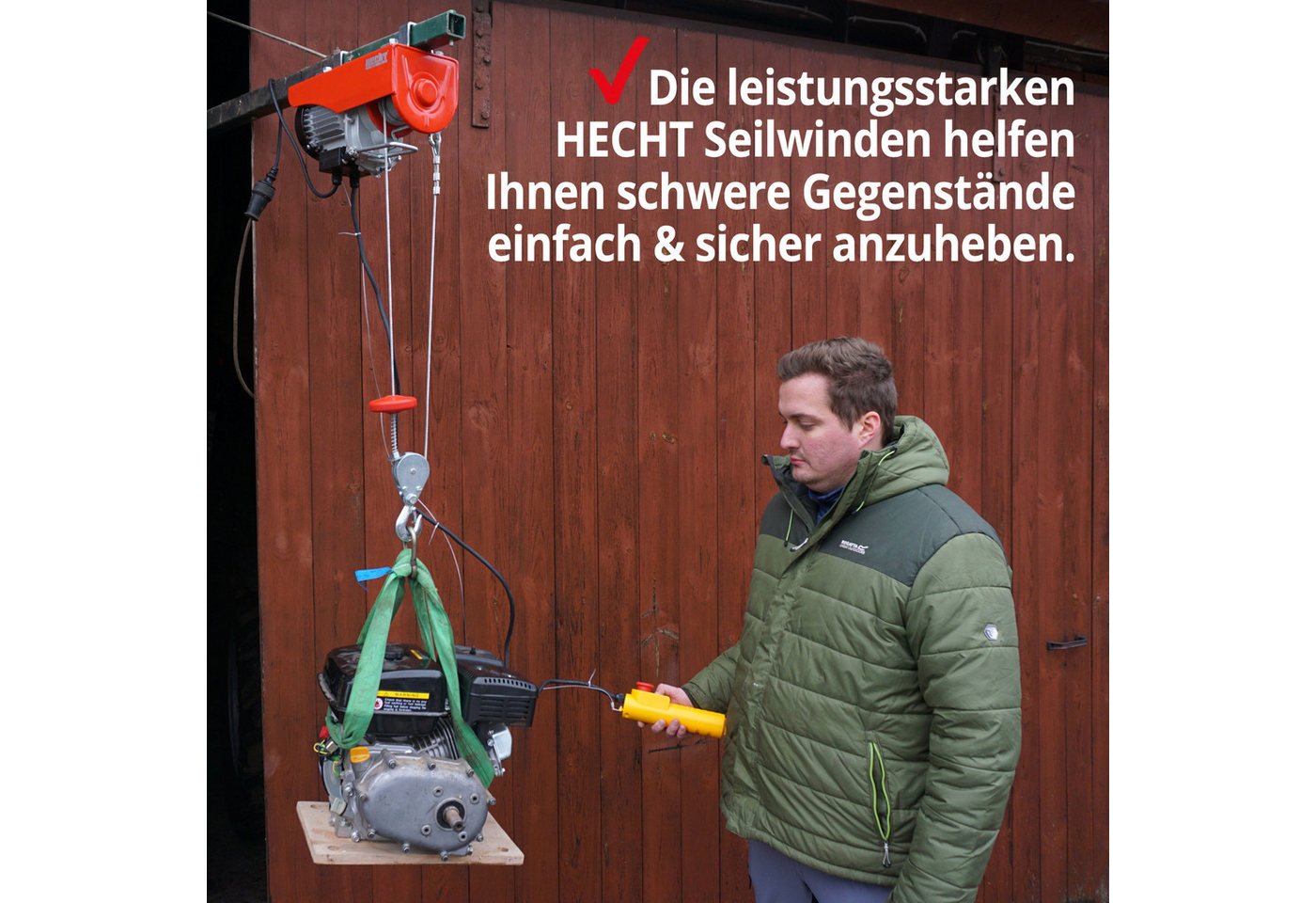 Hecht Seilwinde 125-250 kg Zugkraft, 450W, 3 mm Stahlseil, 4-8 m/min, 6-12m Hubhöhe, Not-Aus-Schalter, 1,5m Steuerkabel Bild 3
