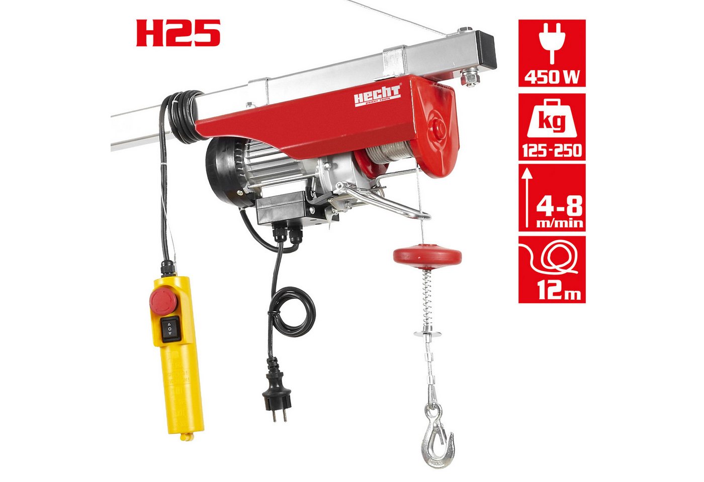 Hecht Seilwinde 125-250 kg Zugkraft, 450W, 3 mm Stahlseil, 4-8 m/min, 6-12m Hubhöhe, Not-Aus-Schalter, 1,5m Steuerkabel Bild 5