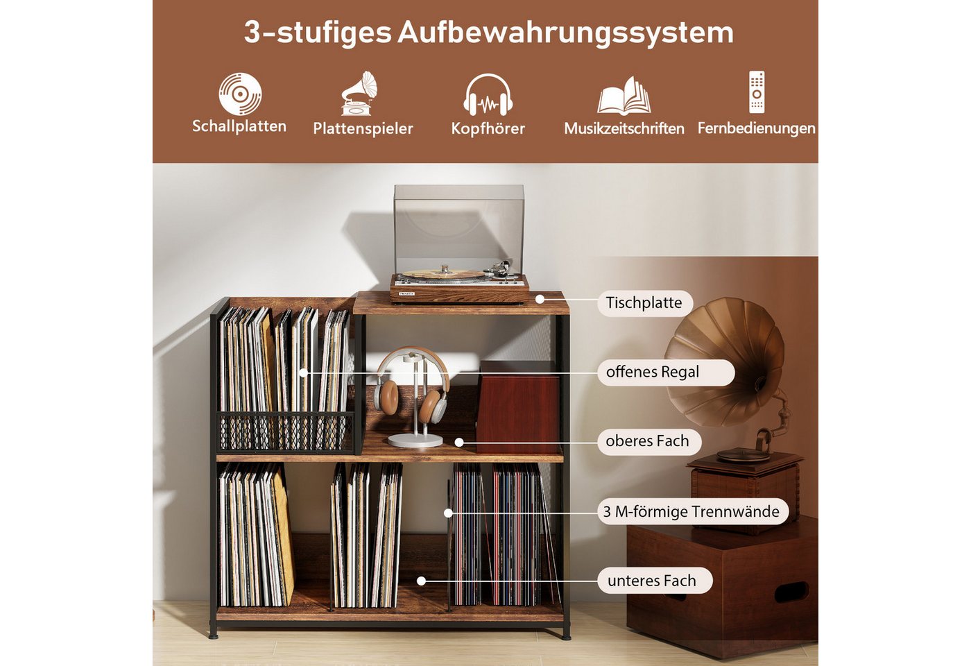 COSTWAY Bücherregal, Plattenspielerständer für 300 Alben, Metall Bild 2