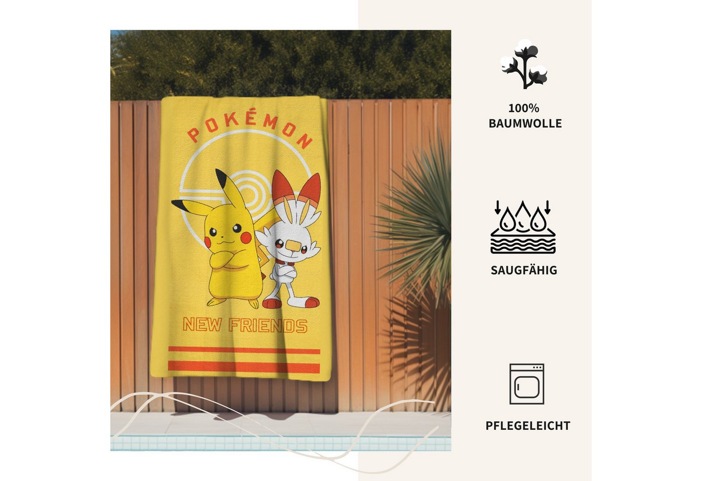 MTOnlinehandel Badetuch Pokemon gelb, Geschenkidee für Kinder, 70x140cm, Fanartikel, 100% Baumwolle (1-St), weich und saugfähig, Pikachu und Scorchic Bild 2