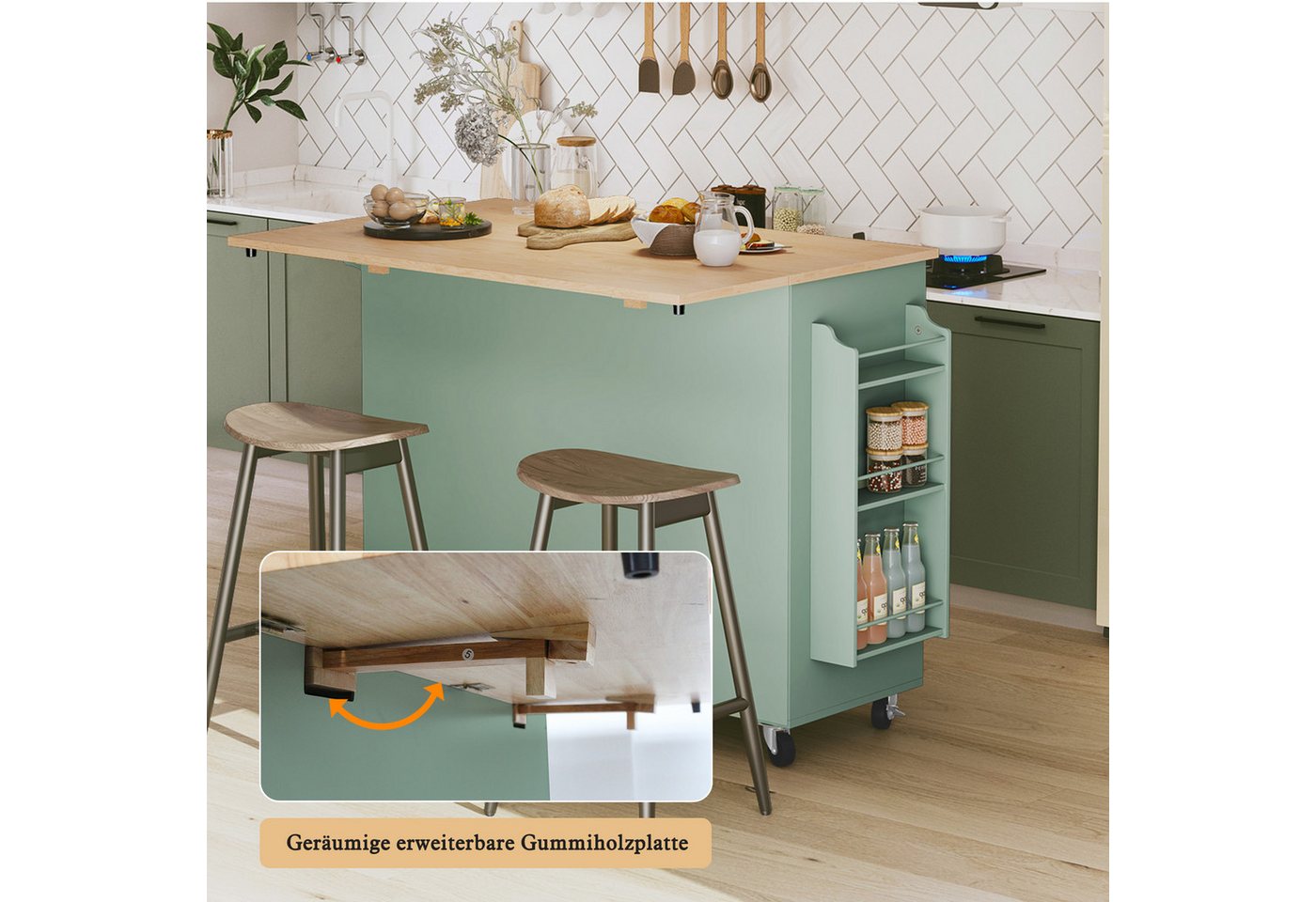 HOLTICO Küchenwagen mit Klappbarer Arbeitsplatte-Kücheninsel auf Rollen, Küchenschrank, (1 St), Bewegliche Kücheninsel auf Rollen, Anrichte für Esszimmer und Küche Bild 2