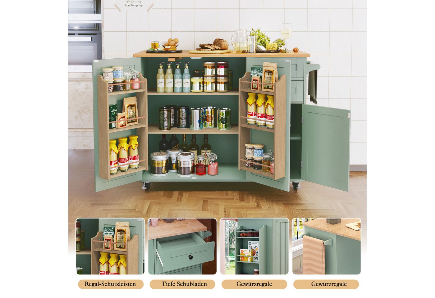 HOLTICO Küchenwagen mit Klappbarer Arbeitsplatte-Kücheninsel auf Rollen, Küchenschrank, (1 St), Bewegliche Kücheninsel auf Rollen, Anrichte für Esszimmer und Küche Bild 5