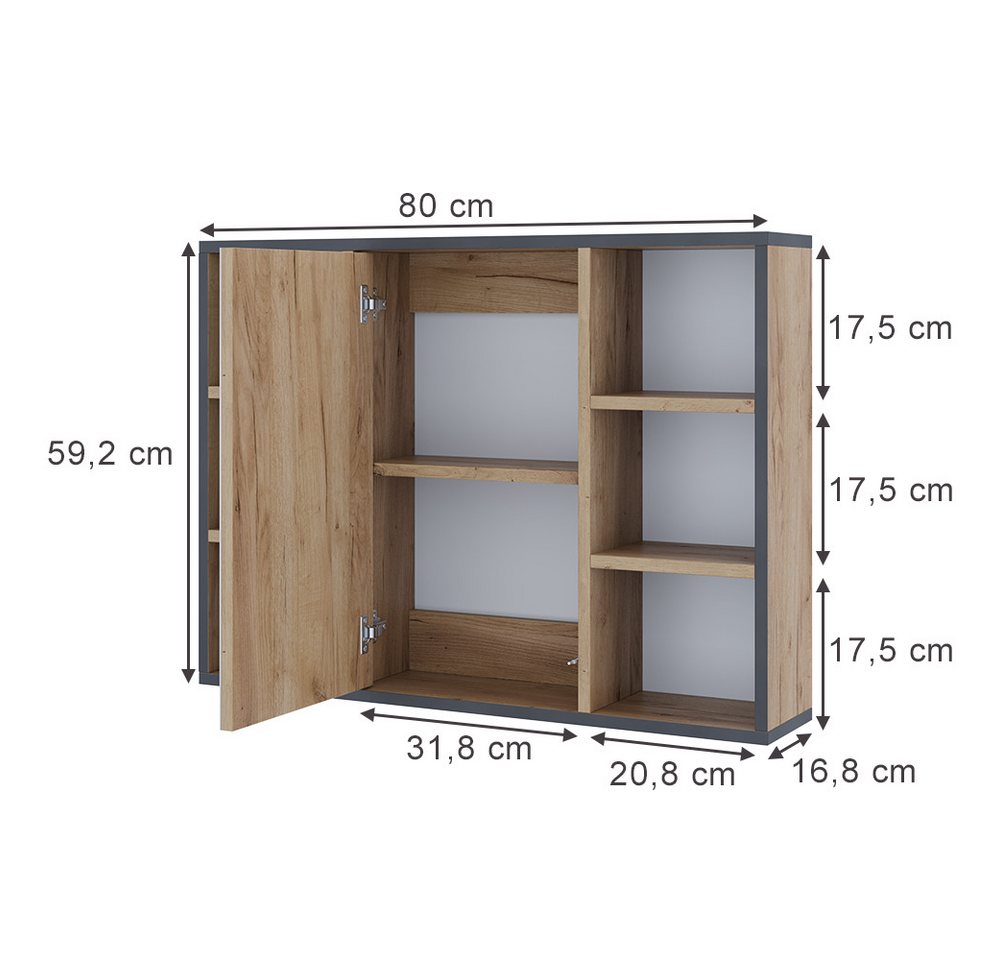 Vicco Badezimmerspiegelschrank Stephan, Goldkraft Eiche/Schwarz, 80 x 59.2 cm mit Regalböden und ... (1-St) Bild 5