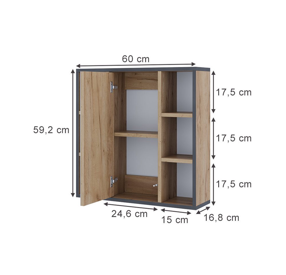 Vicco Badezimmerspiegelschrank Stephan, Goldkraft Eiche/Schwarz, 60 x 59.2 cm mit Regalböden und ... (1-St)
