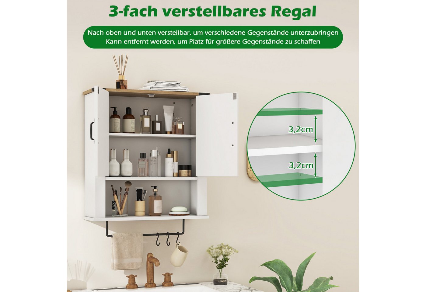 KOMFOTTEU Hängeschrank Badezimmerschrank Wandschrank mit Handtuchhalter & 3 Ablagen Bild 2