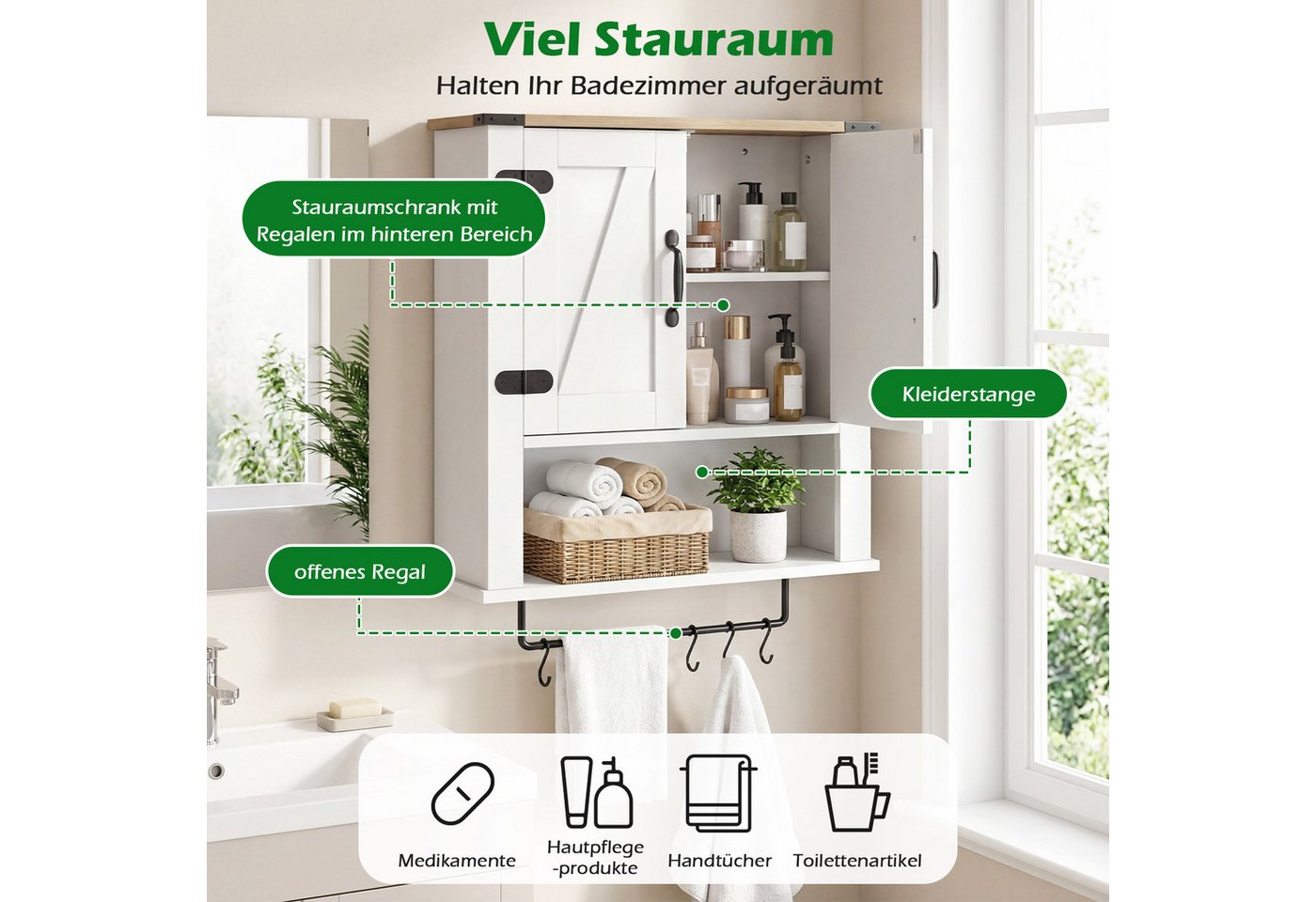 KOMFOTTEU Hängeschrank Badezimmerschrank Wandschrank mit Handtuchhalter & 3 Ablagen Bild 4