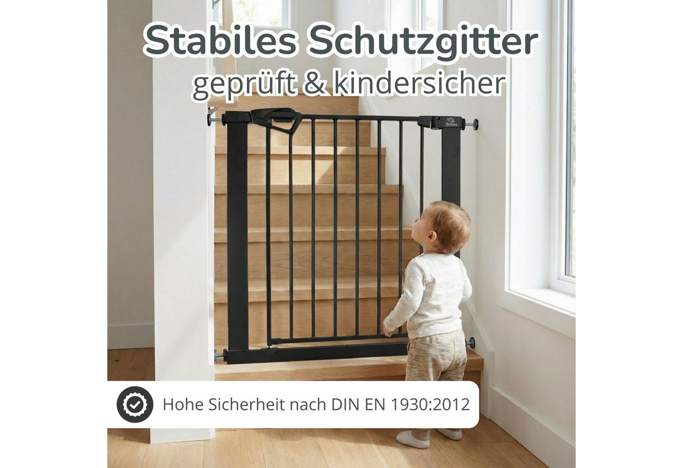 Bronea Treppenschutzgitter Babygitter Tür ohne bohren BALU Tür- & Treppenschutzgitter schwarz (75–82 cm verlängerbar bis 165 cm, SAFETY-LOCK Rot/Grün, ANTI-STOLPER-RAMPE, AUTO-CLOSE Türschutzgitter), Entwickelt, Geprüft & Zertifiziert in Deutschland EN1930:2012-02 Bild 2