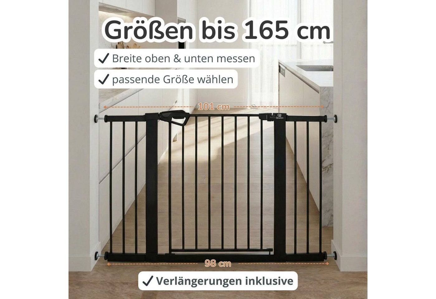 Bronea Treppenschutzgitter Babygitter Tür ohne bohren BALU Tür- & Treppenschutzgitter schwarz (75–82 cm verlängerbar bis 165 cm, SAFETY-LOCK Rot/Grün, ANTI-STOLPER-RAMPE, AUTO-CLOSE Türschutzgitter), Entwickelt, Geprüft & Zertifiziert in Deutschland EN1930:2012-02 Bild 4