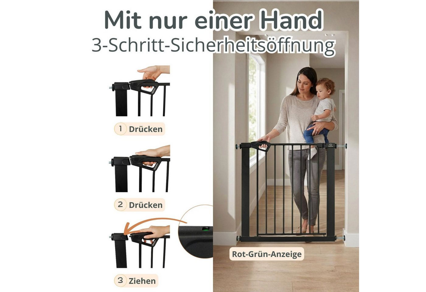 Bronea Treppenschutzgitter Babygitter Tür ohne bohren BALU Tür- & Treppenschutzgitter schwarz (75–82 cm verlängerbar bis 165 cm, SAFETY-LOCK Rot/Grün, ANTI-STOLPER-RAMPE, AUTO-CLOSE Türschutzgitter), Entwickelt, Geprüft & Zertifiziert in Deutschland EN1930:2012-02 Bild 5