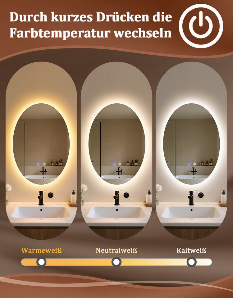 Nettlife Badspiegel Oval Beleuchtung Badezimmerspiegel Touchschalter Entfogger-Funktion, dimmbar von 3000K bis 6500K