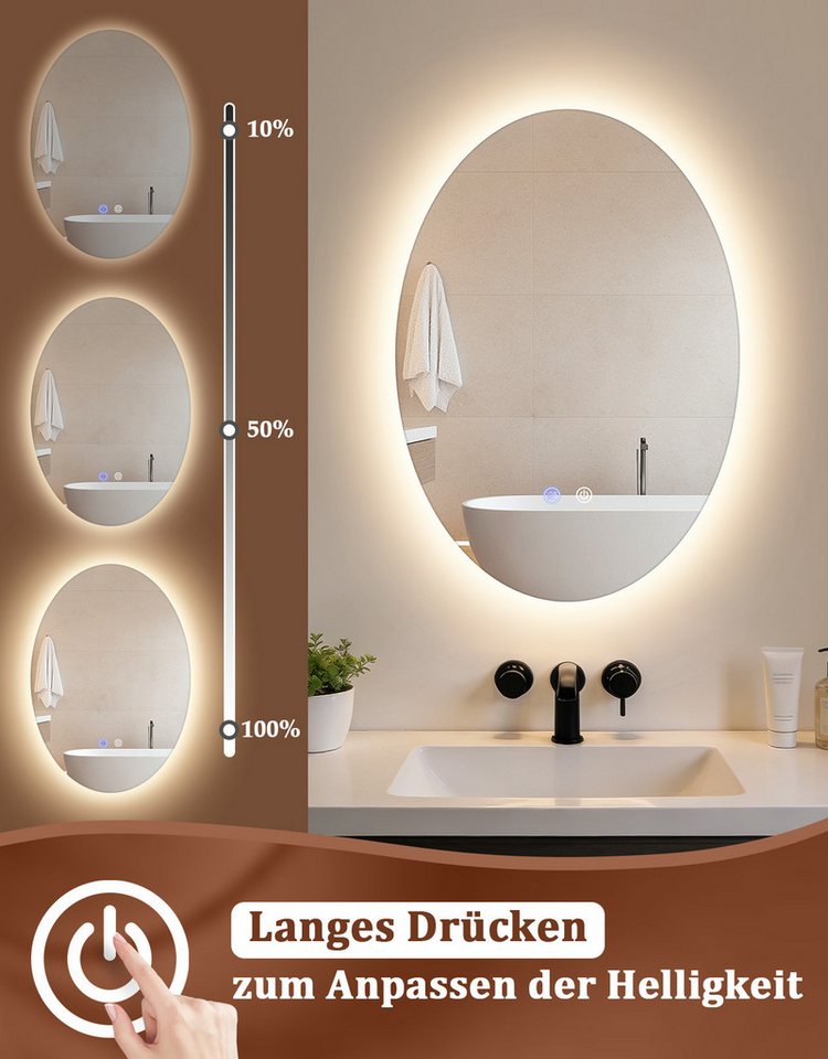 Nettlife Badspiegel Oval Beleuchtung Badezimmerspiegel Touchschalter Entfogger-Funktion, dimmbar von 3000K bis 6500K Bild 3