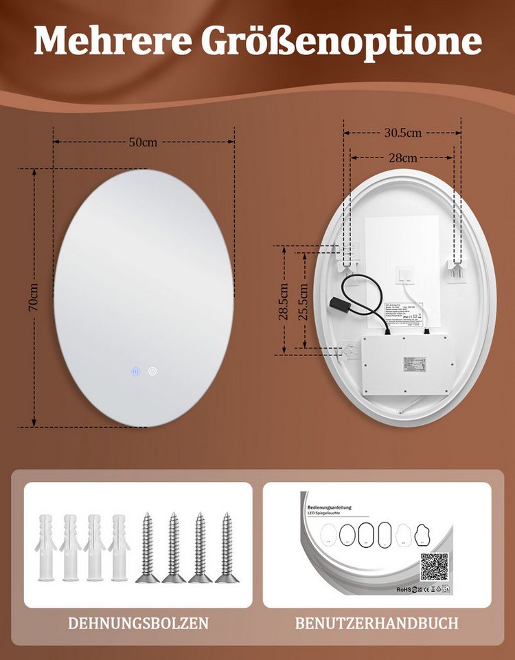 Nettlife Badspiegel Oval Beleuchtung Badezimmerspiegel Touchschalter Entfogger-Funktion, dimmbar von 3000K bis 6500K Bild 4
