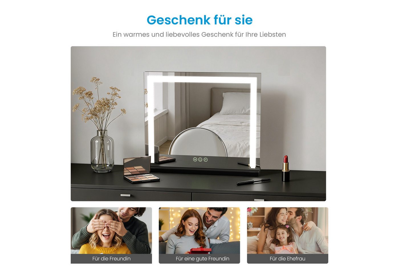 MEYKOERS Kosmetikspiegel Kosmetikspiegel mit beleuchtung und 3 Lichtfarben Dimmfunktion