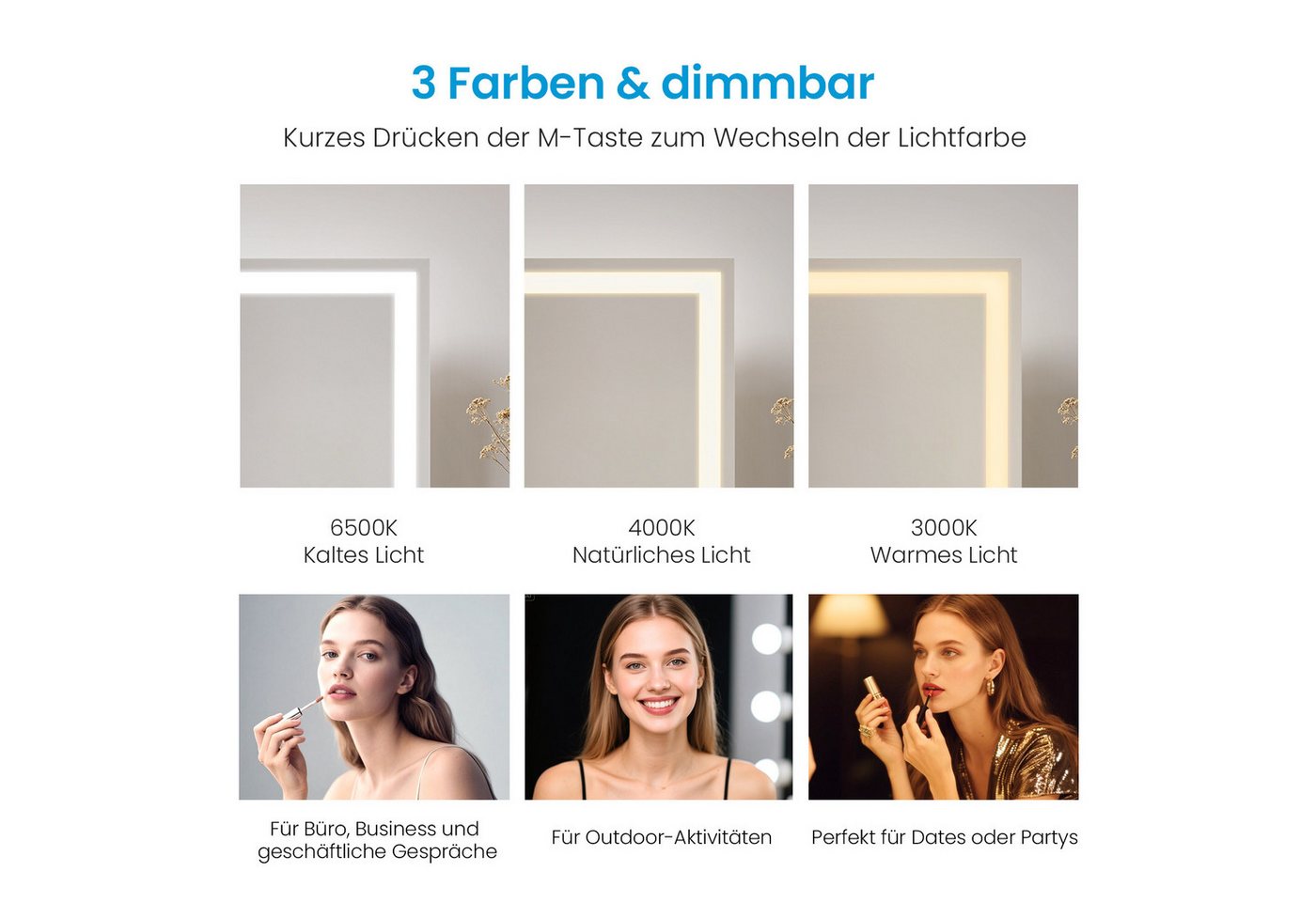 MEYKOERS Kosmetikspiegel Kosmetikspiegel mit beleuchtung und 3 Lichtfarben Dimmfunktion Bild 2