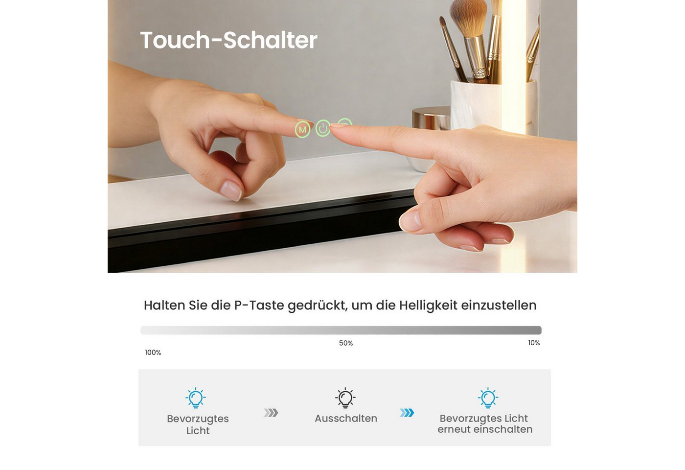 MEYKOERS Kosmetikspiegel Kosmetikspiegel mit beleuchtung und 3 Lichtfarben Dimmfunktion Bild 5