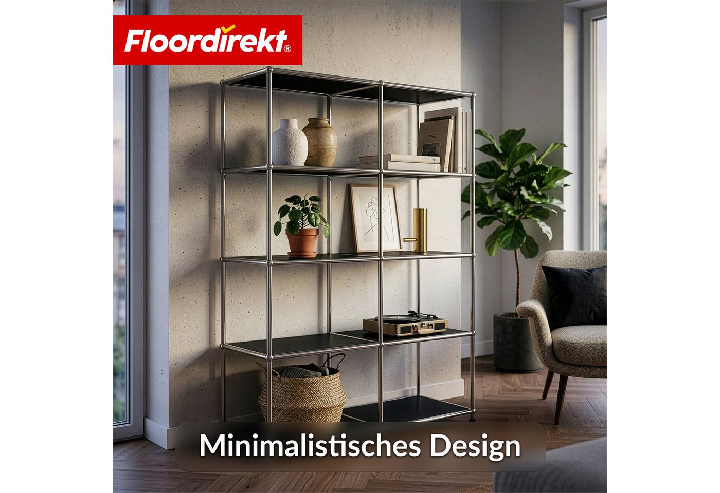 Floordirekt Bücherregal Standregal Concept Epure MK-015 Raumteiler, verchromtes Metallgestell, höhenverstellbare Kunststofffüße, 5 Ablagen, B78×T40×H118 cm