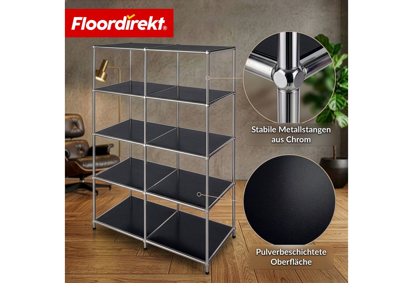 Floordirekt Bücherregal Standregal Concept Epure MK-015 Raumteiler, verchromtes Metallgestell, höhenverstellbare Kunststofffüße, 5 Ablagen, B78×T40×H118 cm Bild 2