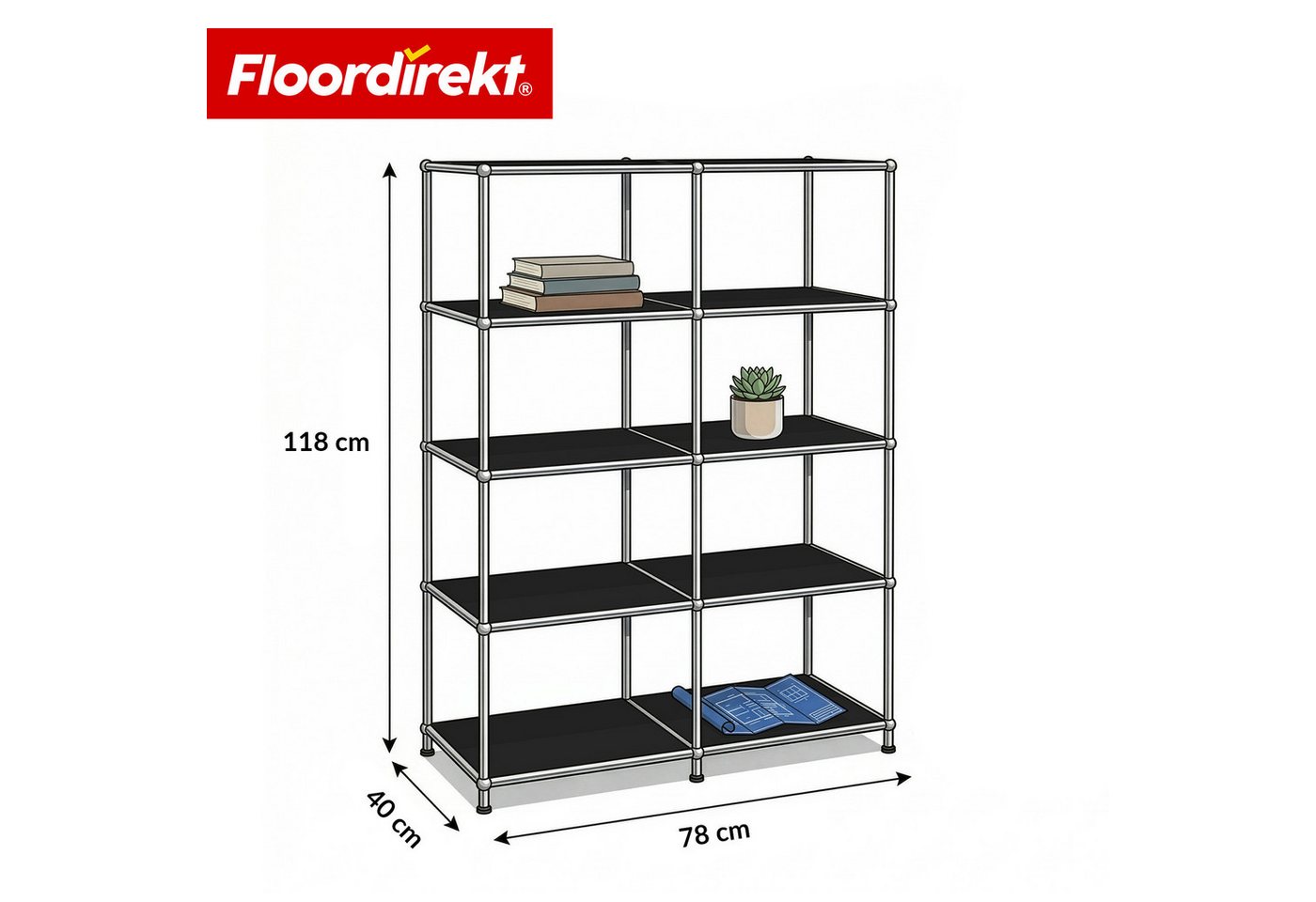 Floordirekt Bücherregal Standregal Concept Epure MK-015 Raumteiler, verchromtes Metallgestell, höhenverstellbare Kunststofffüße, 5 Ablagen, B78×T40×H118 cm Bild 4