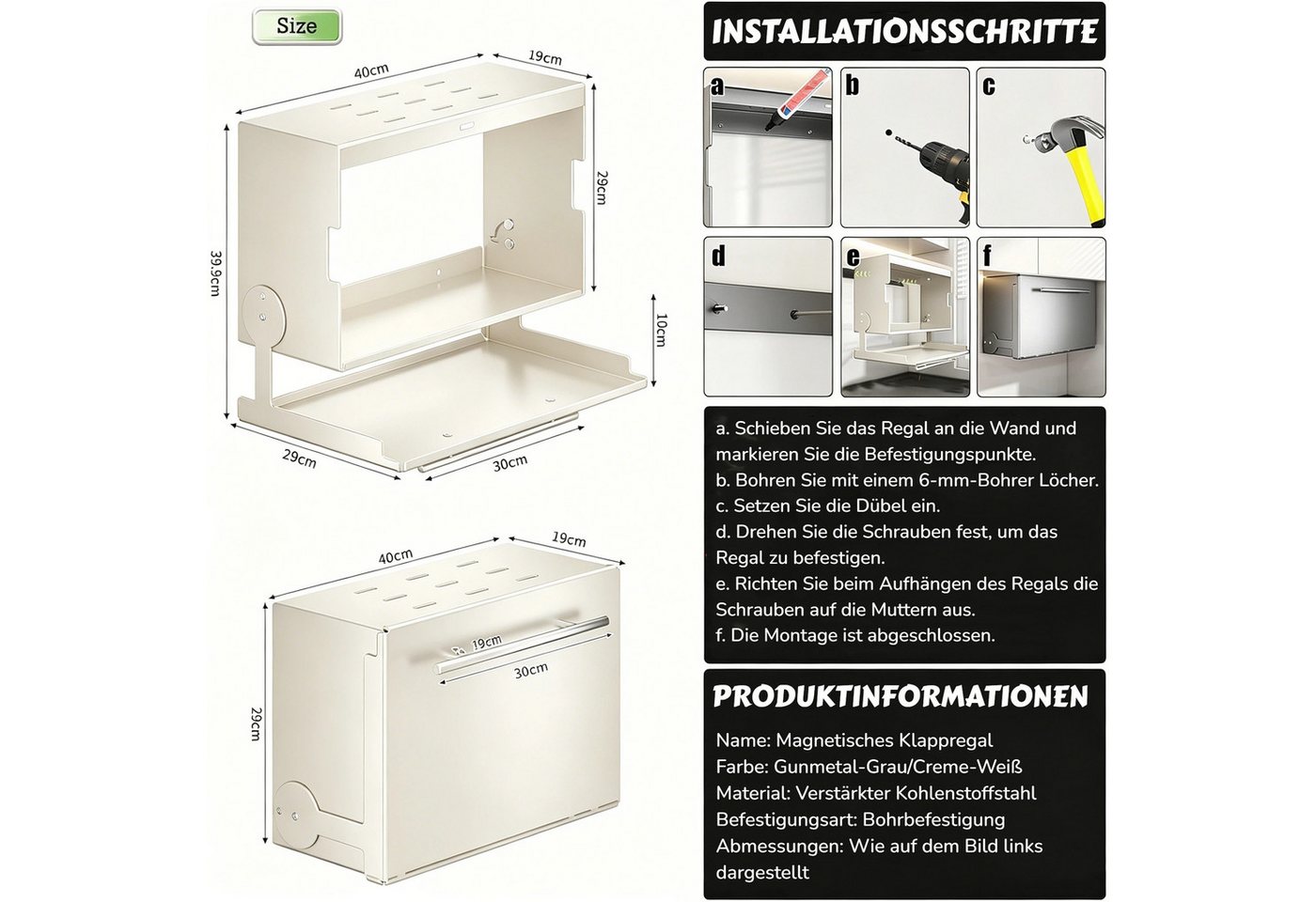 BlingBin Küchenregal Wandschrank Organizer mit Klapptür, Metall-Hängeschrank - 40x19x29cm, 1er Set, Tragfähigkeit: 25 kg, Flip-Top-Design für Besteck, Geschirr & Utensilien 1-tlg., Küchen-Gewürzregal für Speisekammer, Essbereich & Küchen, Weiß Bild 2