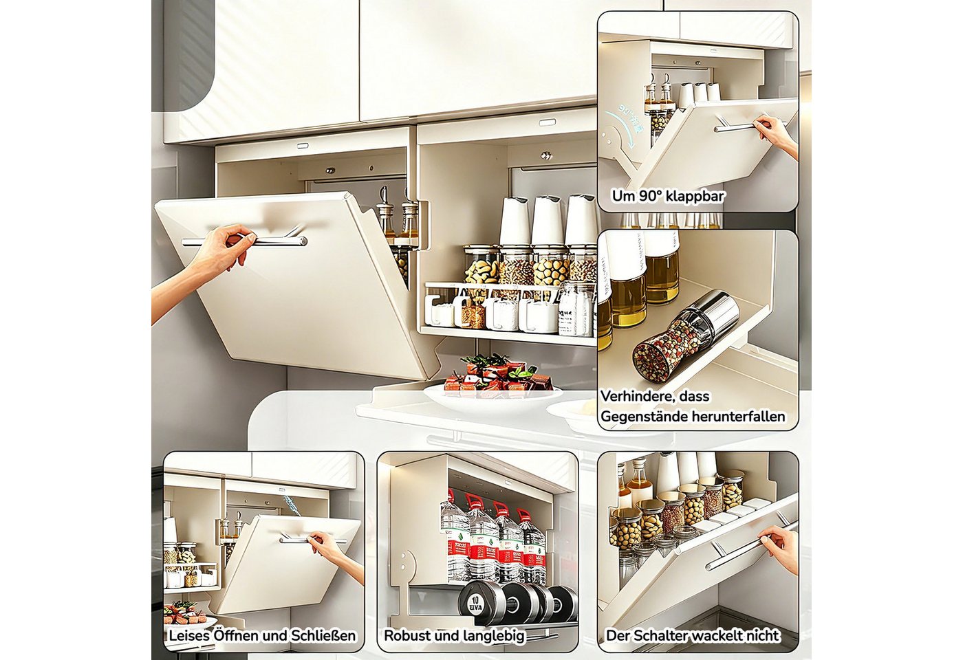 BlingBin Küchenregal Wandschrank Organizer mit Klapptür, Metall-Hängeschrank - 40x19x29cm, 1er Set, Tragfähigkeit: 25 kg, Flip-Top-Design für Besteck, Geschirr & Utensilien 1-tlg., Küchen-Gewürzregal für Speisekammer, Essbereich & Küchen, Weiß Bild 4