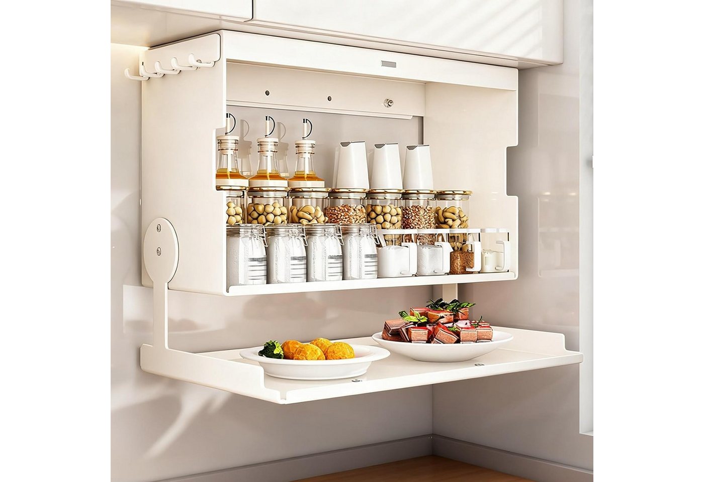 BlingBin Küchenregal Wandschrank Organizer mit Klapptür, Metall-Hängeschrank - 40x19x29cm, 1er Set, Tragfähigkeit: 25 kg, Flip-Top-Design für Besteck, Geschirr & Utensilien 1-tlg., Küchen-Gewürzregal für Speisekammer, Essbereich & Küchen, Weiß Bild 5