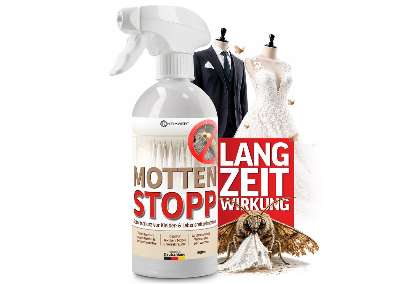 HEIMWERT Insektenspray Mottenschutz Motten Stopp 500 ml, 500 ml, Kleidermotten bekämpfen Mottenspray Lebensmittelmotten