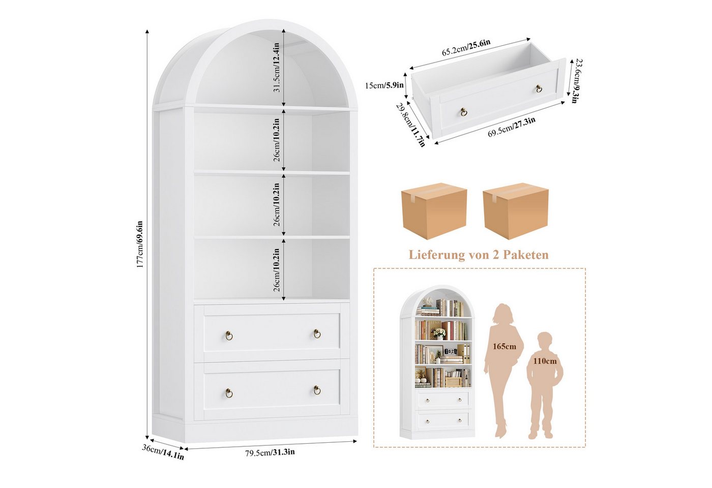 Homfa Bücherregal gewölbter Bücherschrank mit 2 Schubladen, Standregal mit 8 offenen Fächern Büroregal Holz 177x79,5x36cm